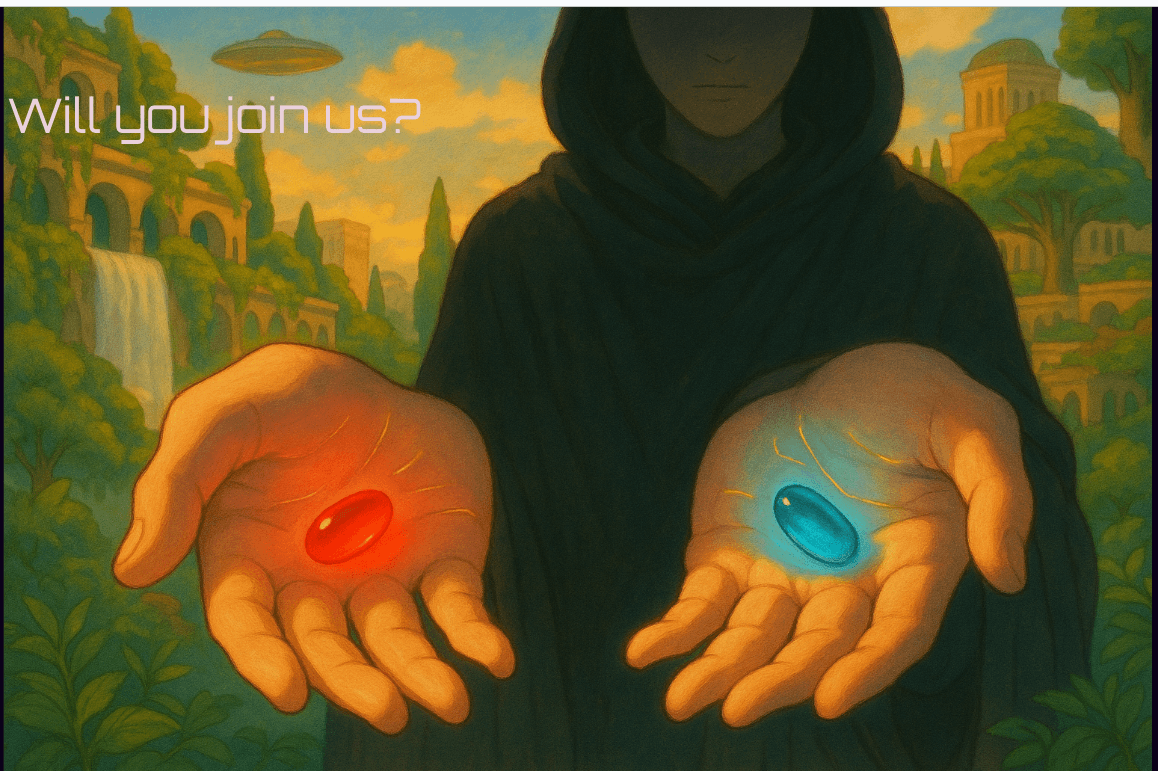Join Simu AI - figure holding red and blue pill choices